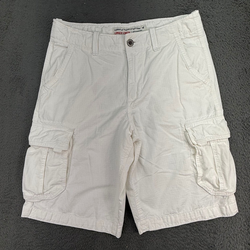 American Eagle Cargo Shorts Mens 32 White Longer Length Ripstop‎ Cotton Utility